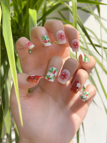 OPOOLA 24 pcs Short Square Shape Christmas Icon Soft Gel Fake Press On Nails with Jelly Glue&Nail Buffer